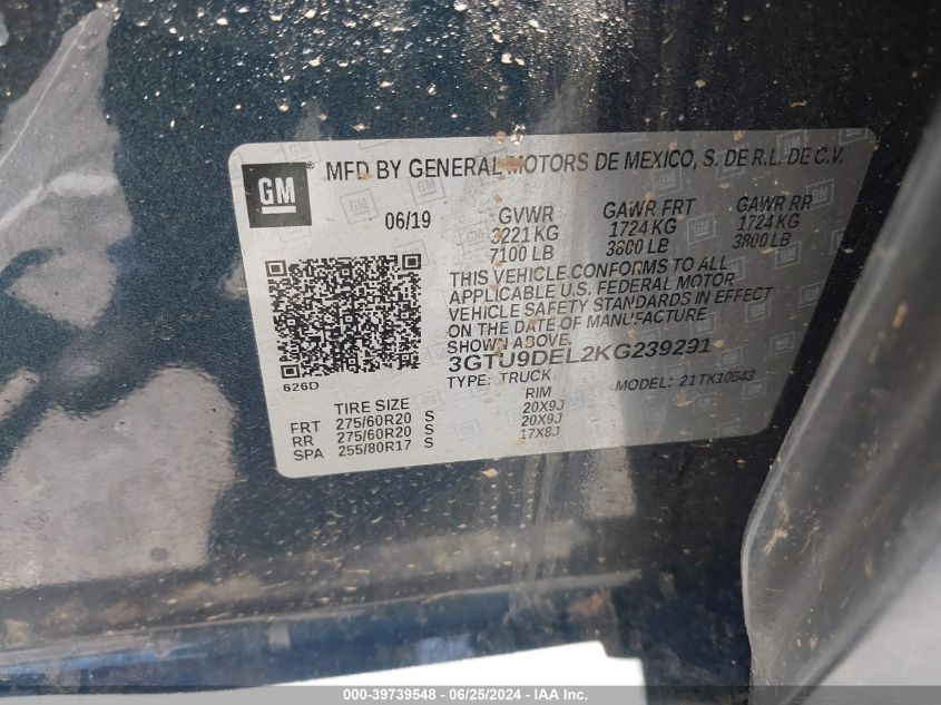 2019 GMC Sierra K1500 Slt VIN: 3GTU9DEL2KG239291 Lot: 39739548