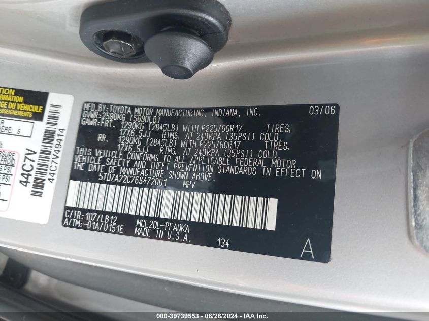 2006 Toyota Sienna Xle Limited VIN: 5TDZA22C76S472001 Lot: 39739553