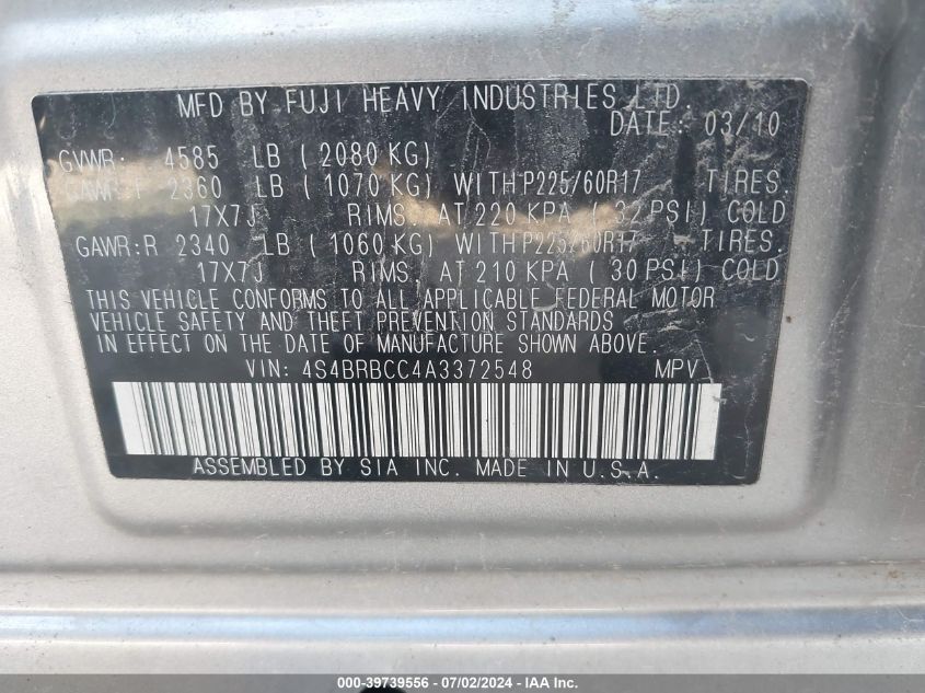 2010 Subaru Outback 2.5I Premium VIN: 4S4BRBCC4A3372548 Lot: 39739556