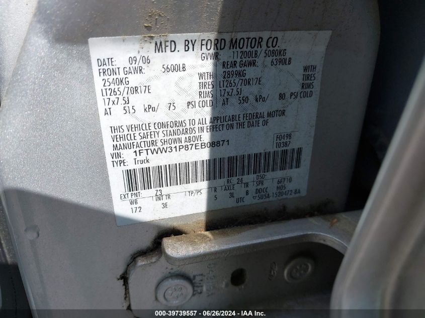 2007 Ford F350 Srw Super Duty VIN: 1FTWW31P87EB08871 Lot: 39739557