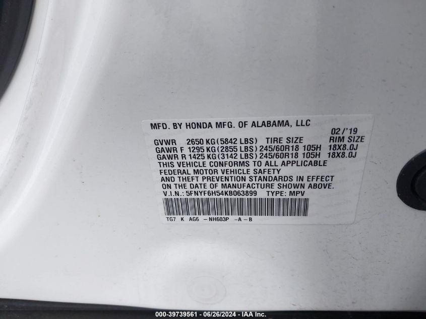 2019 Honda Pilot Exl VIN: 5FNYF6H54KB063899 Lot: 39739561