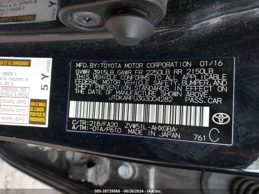 2016 Toyota Prius VIN: JTDKARFU3G3004282 Lot: 39739565