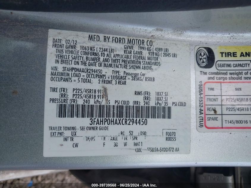 2012 Ford Fusion Se VIN: 3FAHP0HAXCR294450 Lot: 39739568