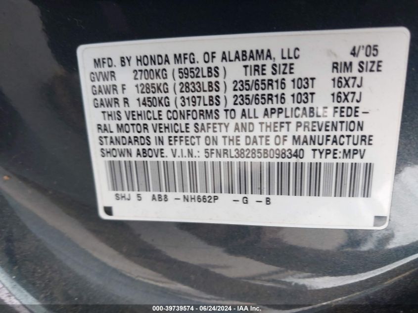 2005 Honda Odyssey Lx VIN: 5FNRL38285B098340 Lot: 39739574