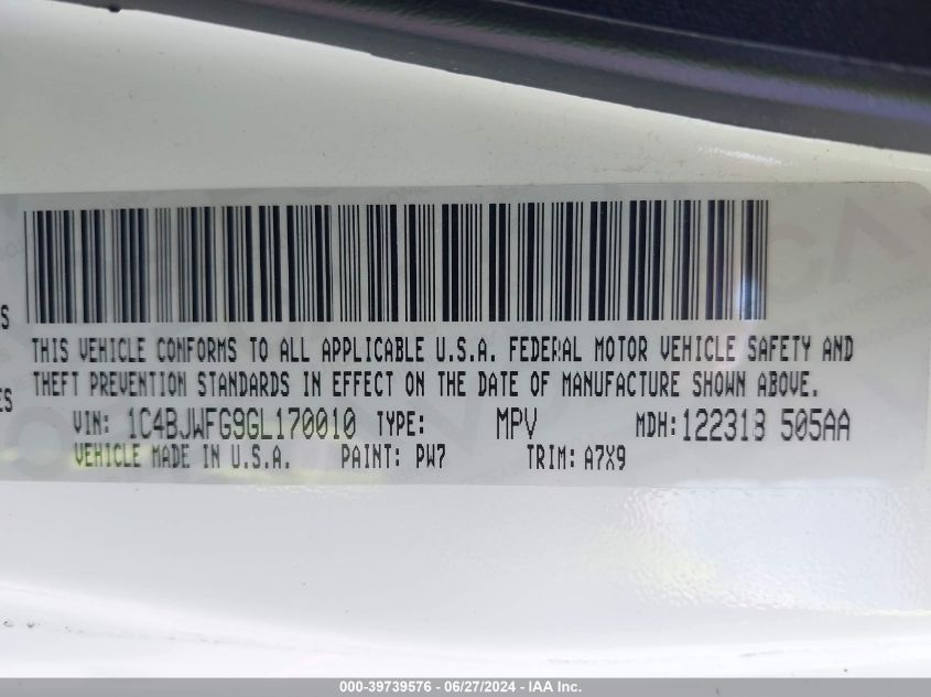 2016 Jeep Wrangler Unlimited Rubicon VIN: 1C4BJWFG9GL170010 Lot: 39739576