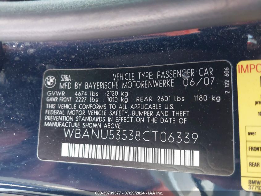 2008 BMW 528I VIN: WBANU53538CT06339 Lot: 39739577