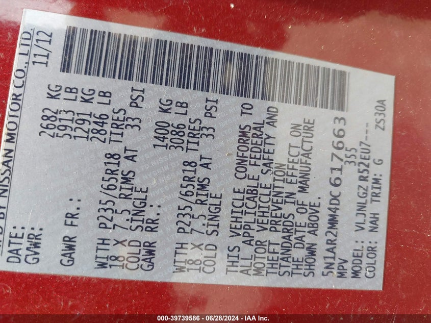 2013 Nissan Pathfinder Sl VIN: 5N1AR2MM4DC617663 Lot: 39739586