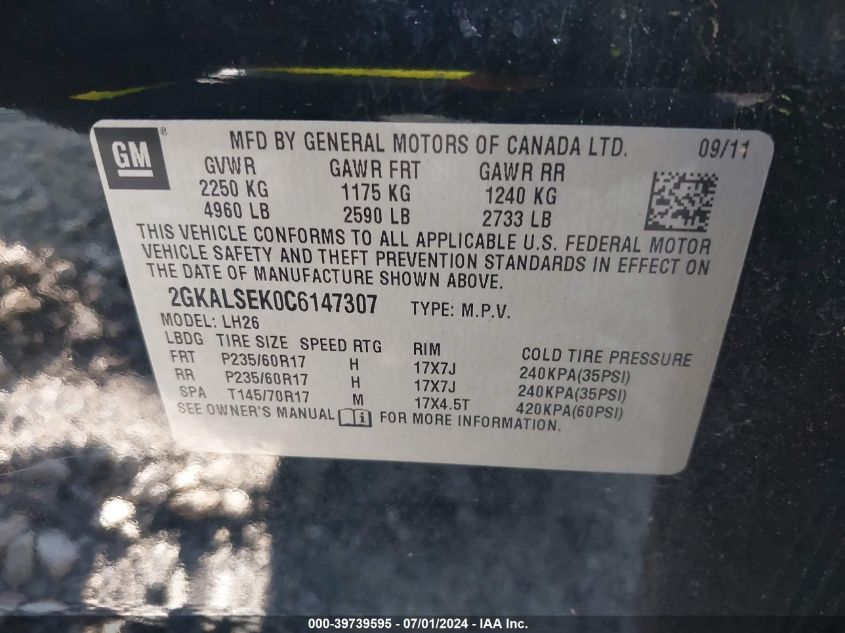 2012 GMC Terrain Sle-2 VIN: 2GKALSEK0C6147307 Lot: 39739595