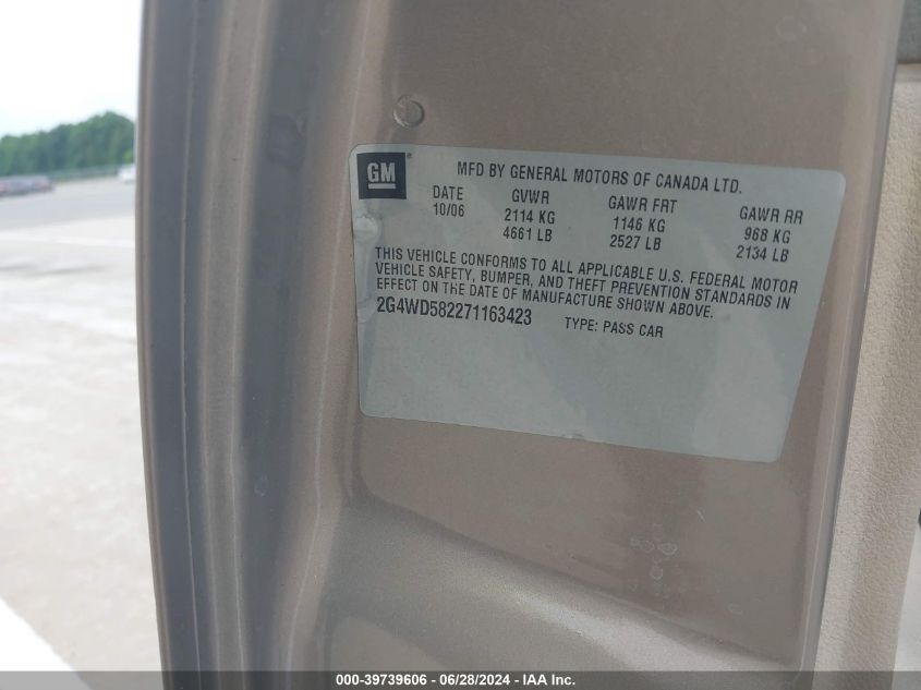 2007 Buick Lacrosse Cxl VIN: 2G4WD582271163423 Lot: 39739606
