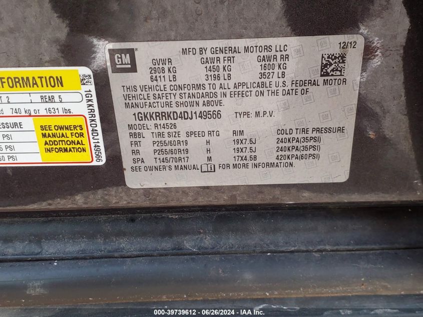 2013 GMC Acadia Slt-1 VIN: 1GKKRRKD4DJ149566 Lot: 39739612
