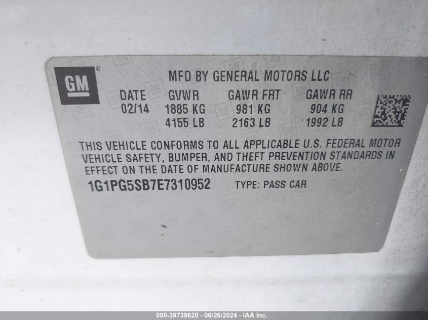 2014 Chevrolet Cruze Ltz VIN: 1G1PG5SB7E7310952 Lot: 39739620