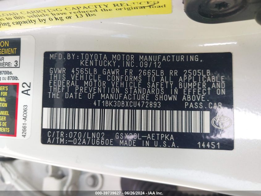 2012 Toyota Avalon Limited VIN: 4T1BK3DBXCU472893 Lot: 39739627