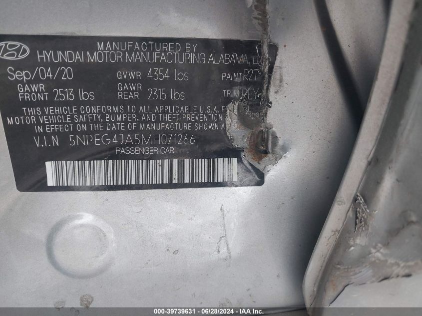 2021 Hyundai Sonata Se VIN: 5NPEG4JA5MH071266 Lot: 39739631