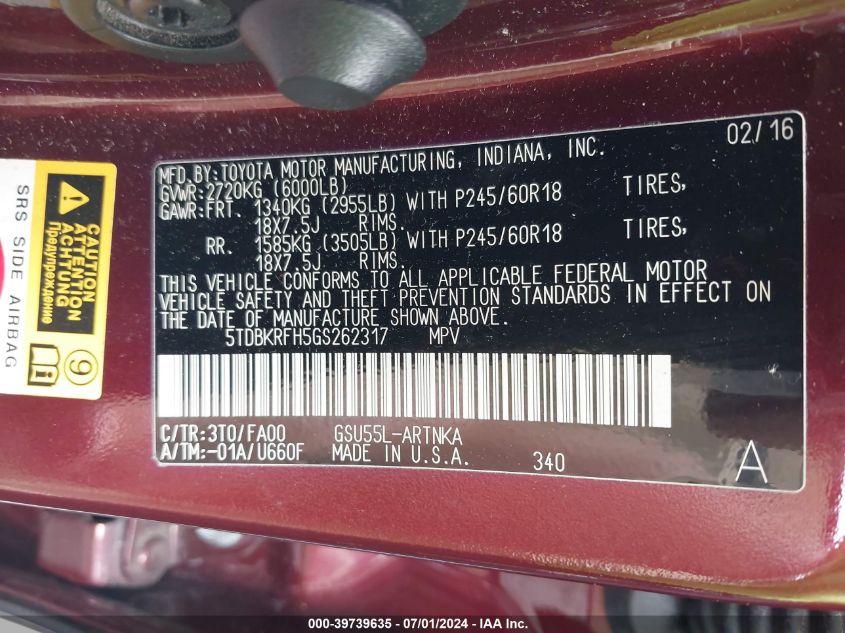 2016 Toyota Highlander Le Plus V6 VIN: 5TDBKRFH5GS262317 Lot: 39739635