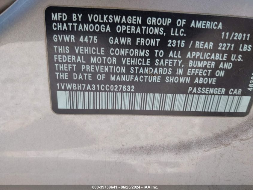2012 Volkswagen Passat Se W/Sunroof VIN: 1VWBH7A31CC027632 Lot: 39739641