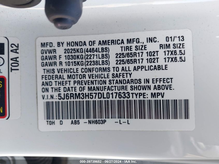 2013 Honda Cr-V Ex VIN: 5J6RM3H57DL017633 Lot: 39739652