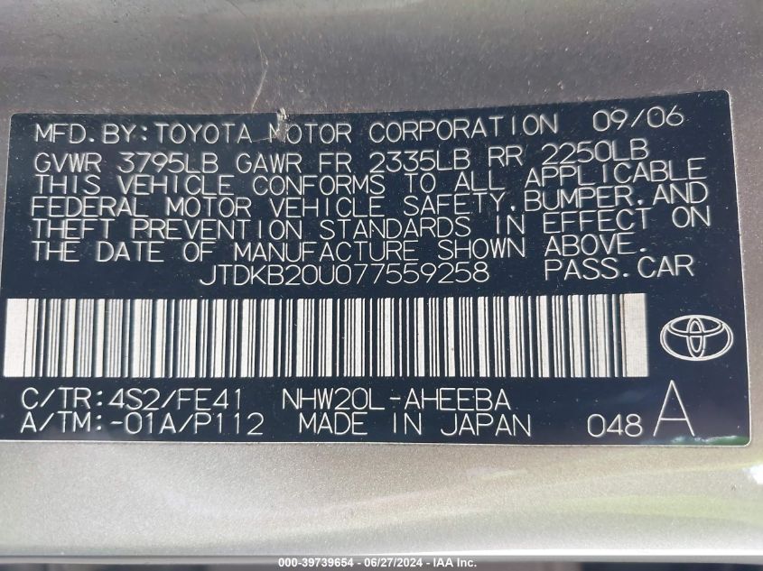 2007 Toyota Prius VIN: JTDKB20U077559258 Lot: 39739654