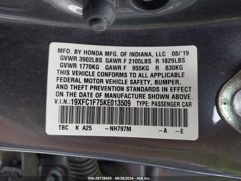 2019 Honda Civic Ex-L VIN: 19XFC1F75KE013509 Lot: 39739655