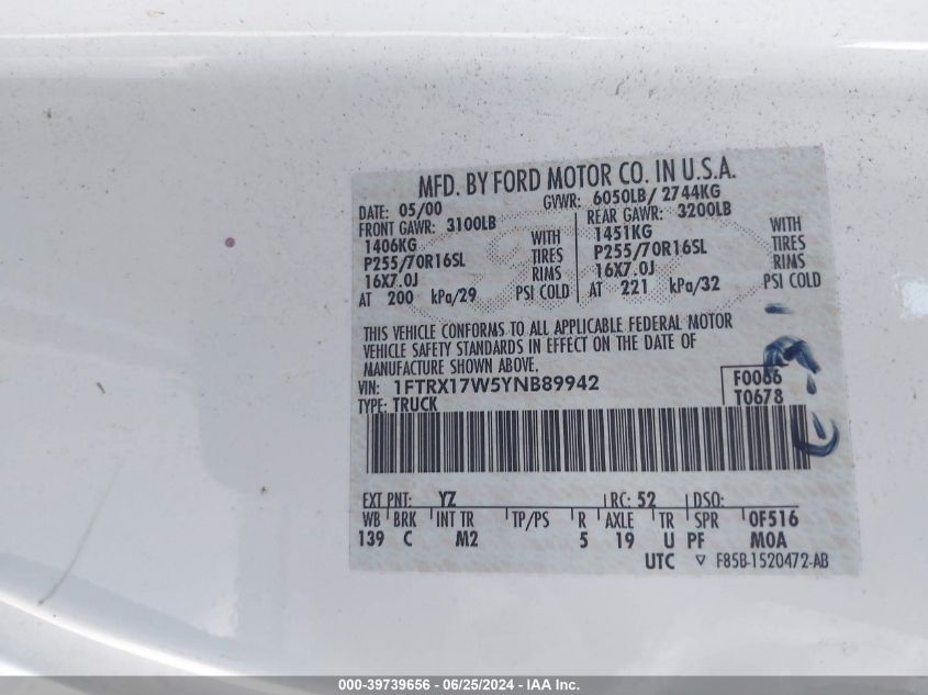 2000 Ford F-150 Lariat/Work Series/Xl/Xlt VIN: 1FTRX17W5YNB89942 Lot: 39739656