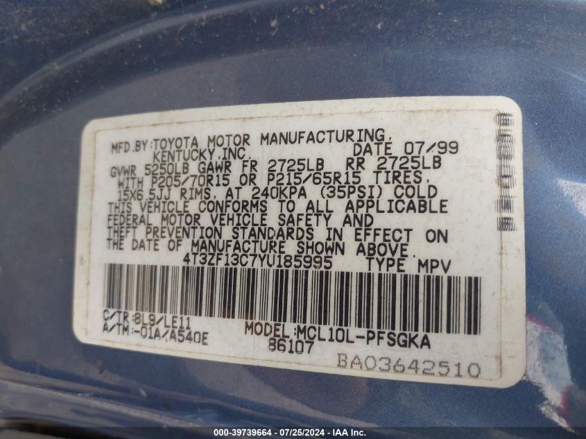 2000 Toyota Sienna Xle VIN: 4T3ZF13C7YU185995 Lot: 39739664