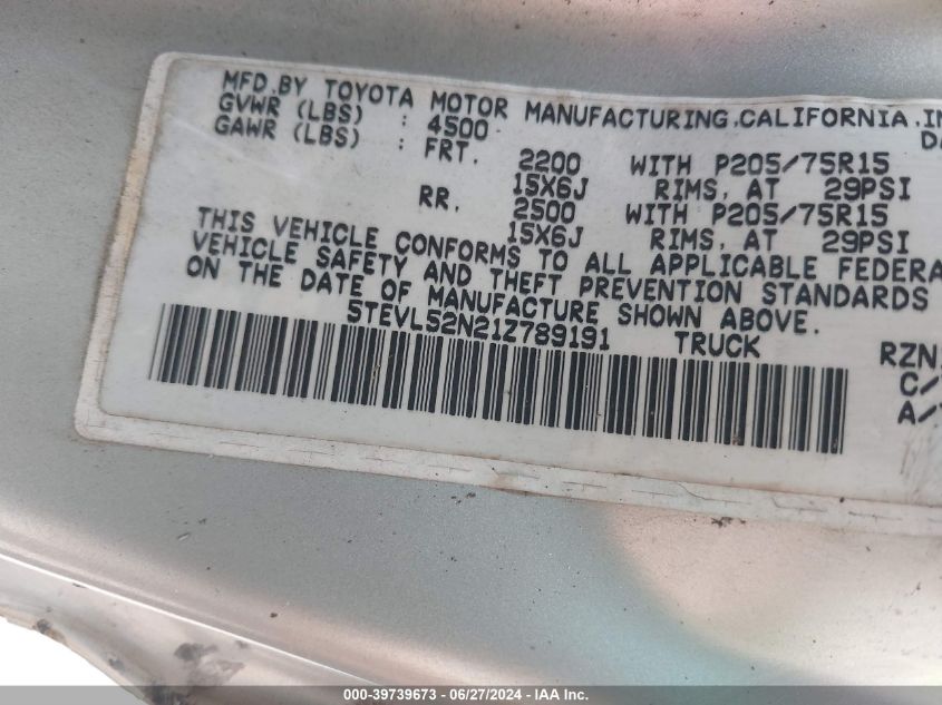 2001 Toyota Tacoma VIN: 5TEVL52N21Z789191 Lot: 39739673