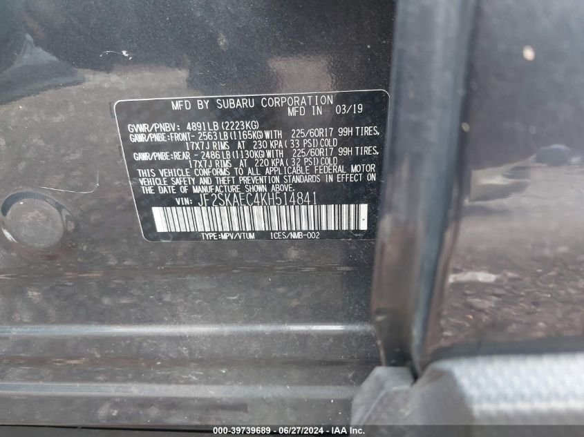 2019 Subaru Forester Premium VIN: JF2SKAEC4KH514841 Lot: 39739689
