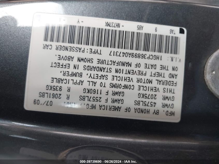 2009 Honda Accord 3.5 Ex-L VIN: 1HGCP36899A047317 Lot: 39739690