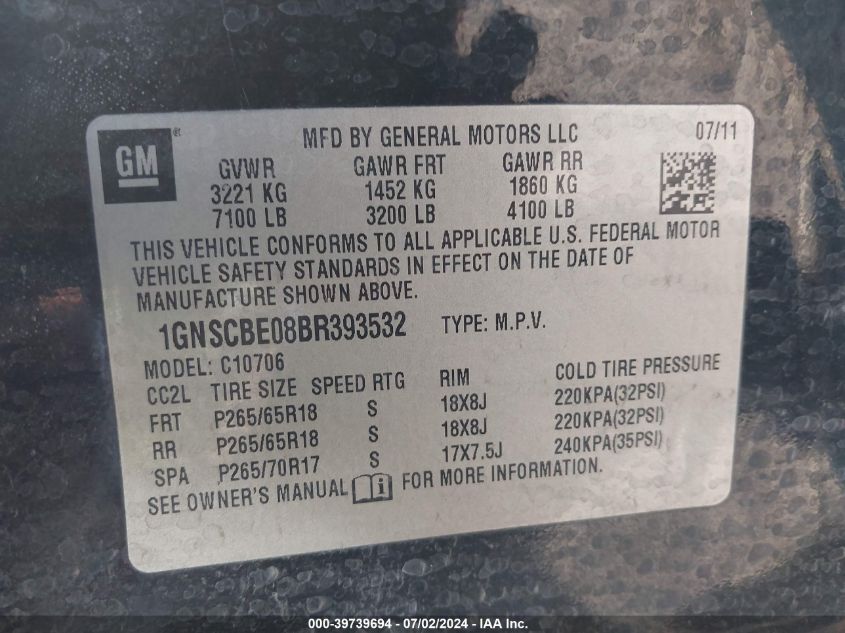 2011 Chevrolet Tahoe Lt VIN: 1GNSCBE08BR393532 Lot: 39739694