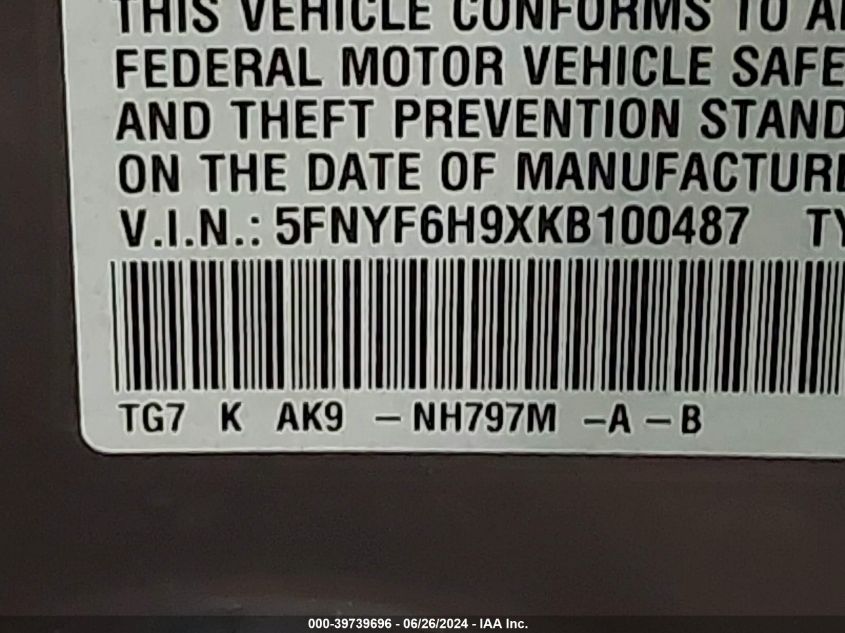 2019 Honda Pilot Touring VIN: 5FNYF6H9XKB100487 Lot: 39739696