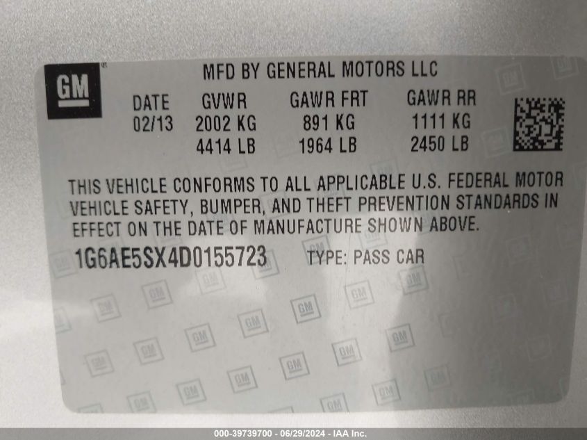 2013 Cadillac Ats Premium VIN: 1G6AE5SX4D0155723 Lot: 39739700