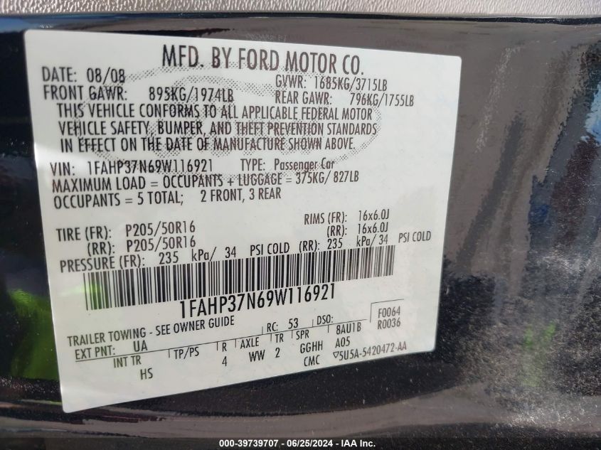 2009 Ford Focus Sel VIN: 1FAHP37N69W116921 Lot: 39739707