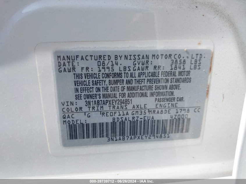 2014 Nissan Sentra S/Sv/Sr/Sl VIN: 3N1AB7APXEY294851 Lot: 39739712