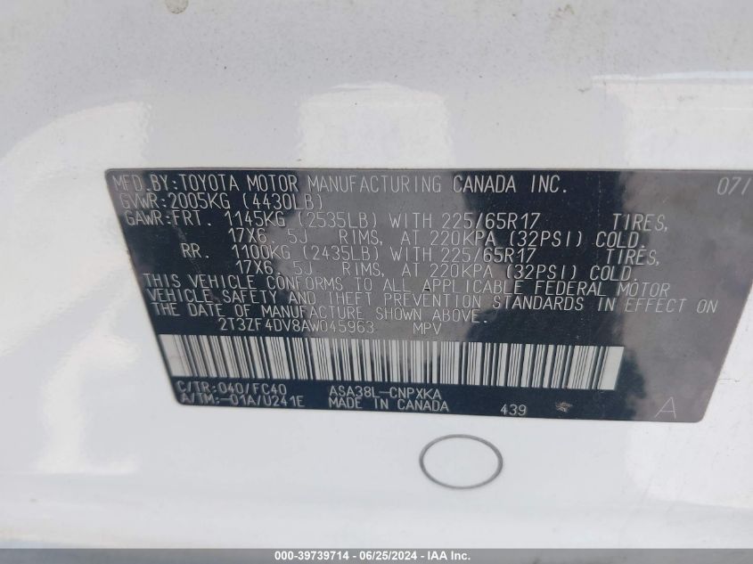 2010 Toyota Rav4 VIN: 2T3ZF4DV8AW045963 Lot: 39739714