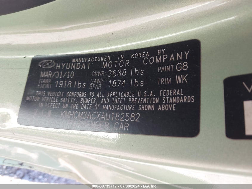2010 Hyundai Accent Gs VIN: KMHCM3ACXAU182582 Lot: 39739717