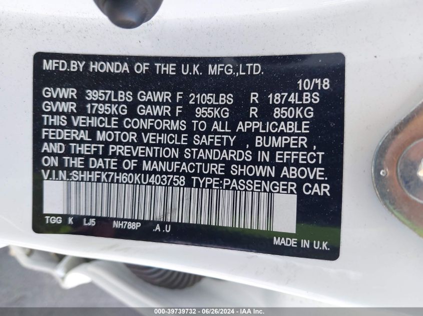 2019 Honda Civic Ex VIN: SHHFK7H60KU403758 Lot: 39739732