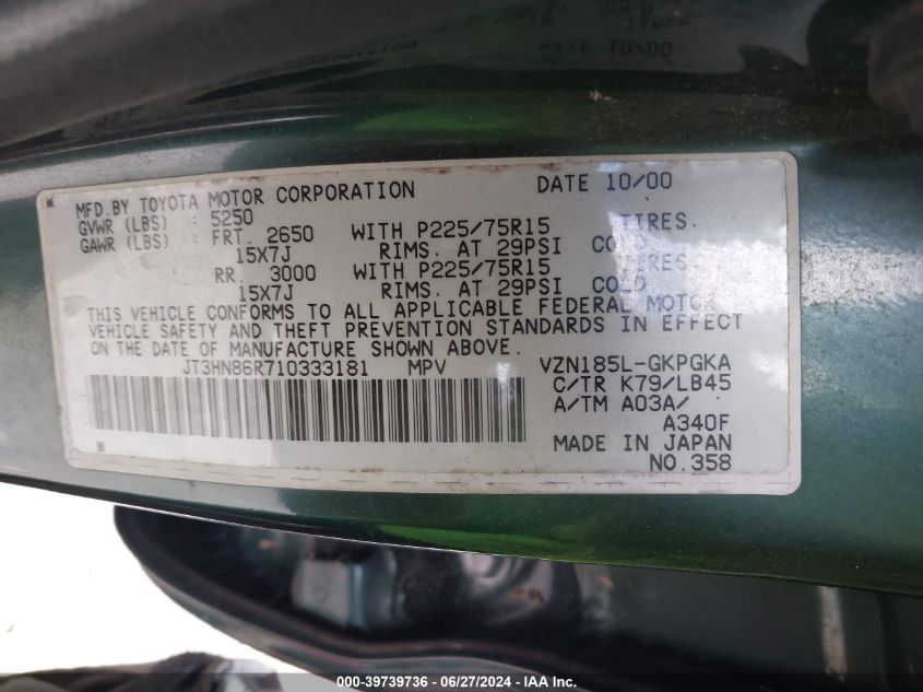 2001 Toyota 4Runner Sr5 V6 VIN: JT3HN86R710333181 Lot: 39739736