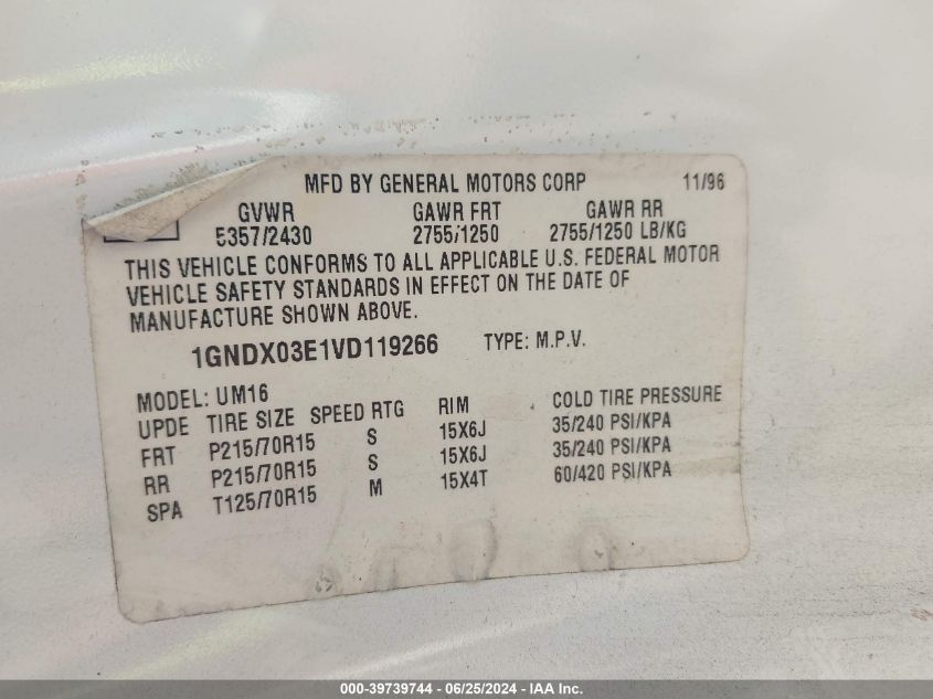 1997 Chevrolet Venture VIN: 1GNDX03E1VD119266 Lot: 39739744