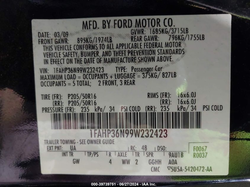 2009 Ford Focus Ses VIN: 1FAHP36N99W232423 Lot: 39739751