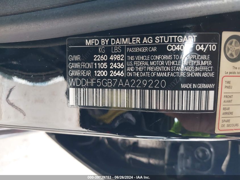 2010 Mercedes-Benz E 350 VIN: WDDHF5GB7AA229220 Lot: 39739753