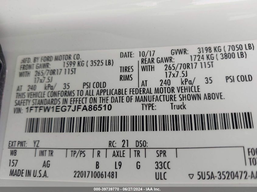 2018 Ford F-150 Xl VIN: 1FTFW1EG7JFA86510 Lot: 39739770