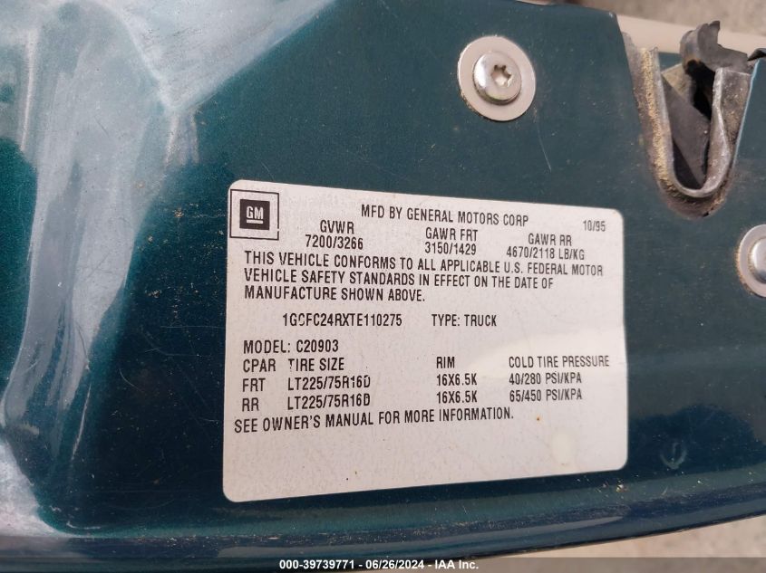 1996 Chevrolet Gmt-400 C2500 VIN: 1GCFC24RXTE110275 Lot: 39739771