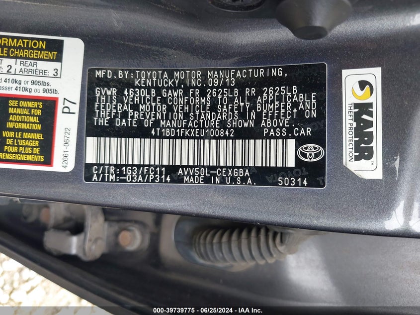 2014 Toyota Camry Hybrid Xle VIN: 4T1BD1FKXEU100842 Lot: 39739775