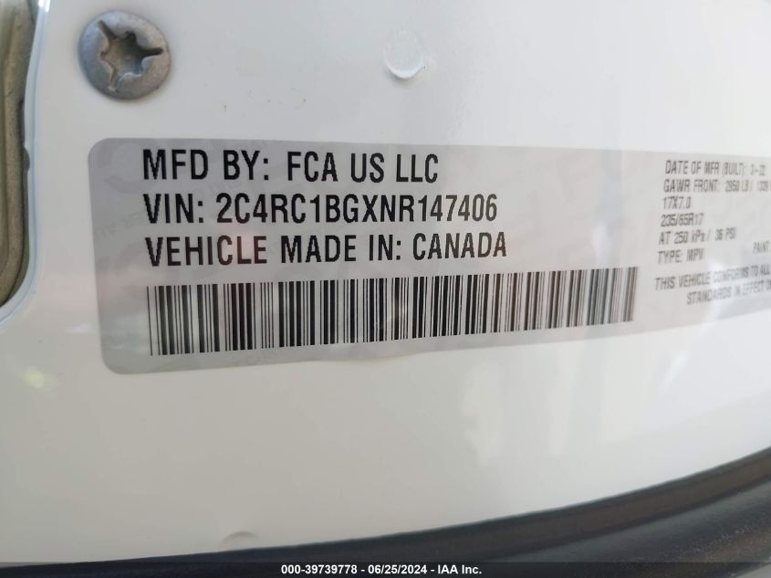 2022 Chrysler Pacifica Touring L VIN: 2C4RC1BGXNR147406 Lot: 39739778