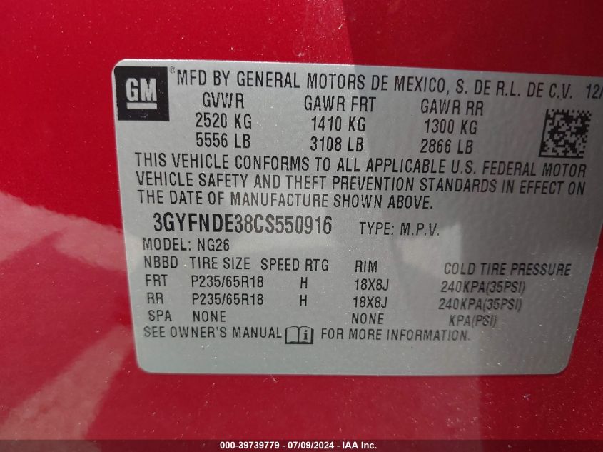 2012 Cadillac Srx Luxury Collection VIN: 3GYFNDE38CS550916 Lot: 39739779