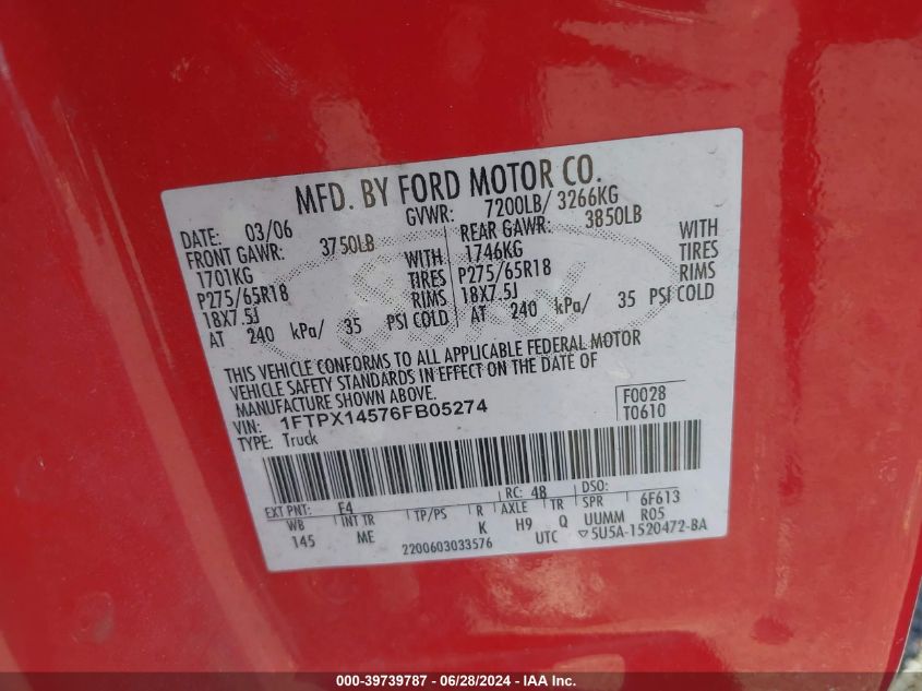 2006 Ford F-150 Fx4/Lariat/Xl/Xlt VIN: 1FTPX14576FB05274 Lot: 39739787