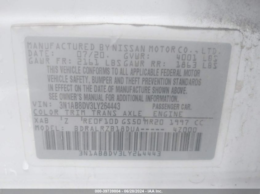 2020 Nissan Sentra Sr Xtronic Cvt VIN: 3N1AB8DV3LY264443 Lot: 39739804