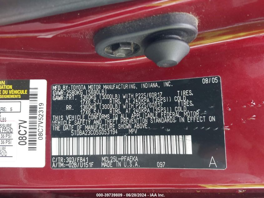 2005 Toyota Sienna Le VIN: 5TDBA23C05S053194 Lot: 39739809