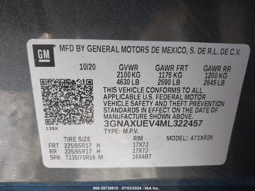 2021 Chevrolet Equinox Awd Lt VIN: 3GNAXUEV4ML322457 Lot: 39739810