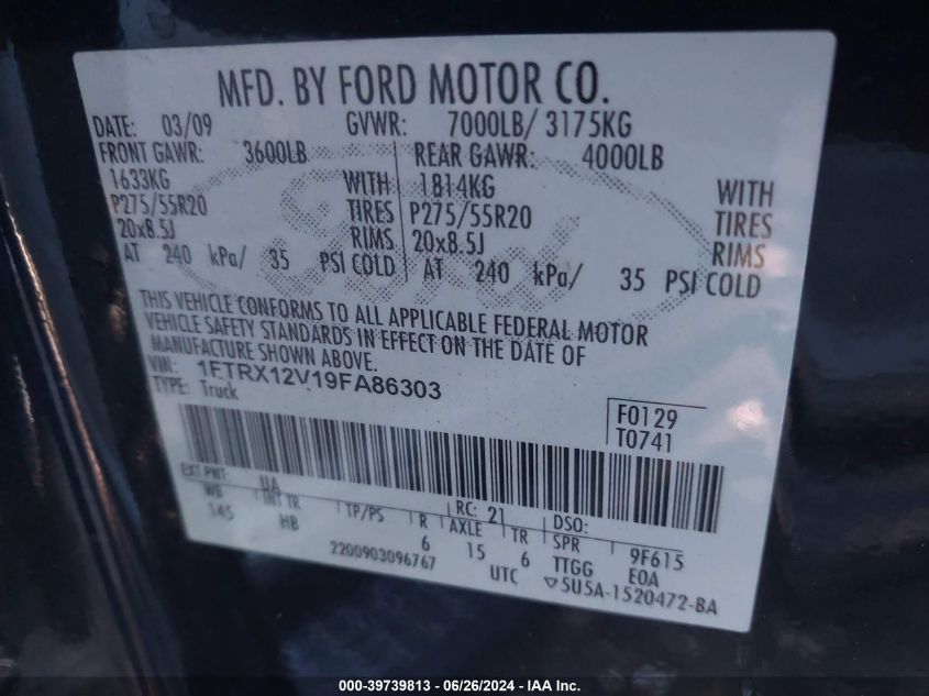 2009 Ford F-150 Lariat/Xl/Xlt VIN: 1FTRX12V19FA86303 Lot: 39739813