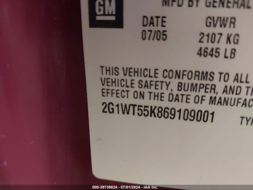 2006 Chevrolet Impala Lt VIN: 2G1WT55K869109001 Lot: 39739824
